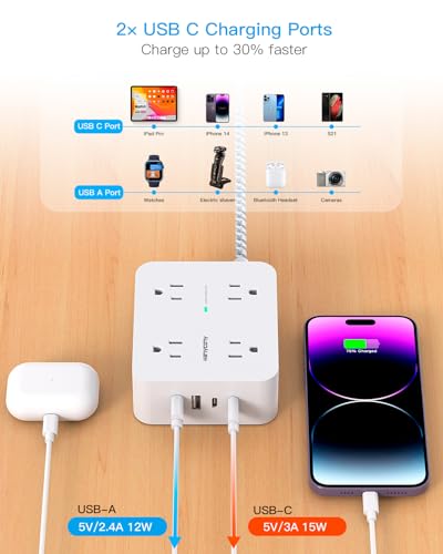 HANYCONY 12-in-1 Surge Protector Power Strip 5ft White Braided Extension Cord