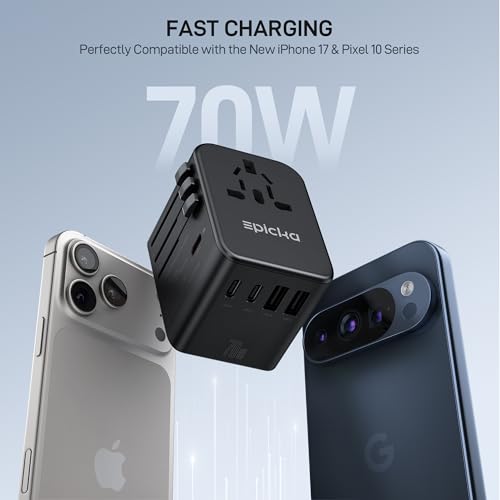 EPICKA 70W GaN USB-C Travel Power Adapter Black - 3 USB-C & 2 USB-A Ports