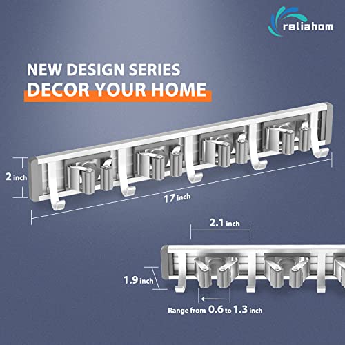 Reliahom Silver Wall Mount Broom Holder with 4 Racks & 5 Hooks - 1 Pack