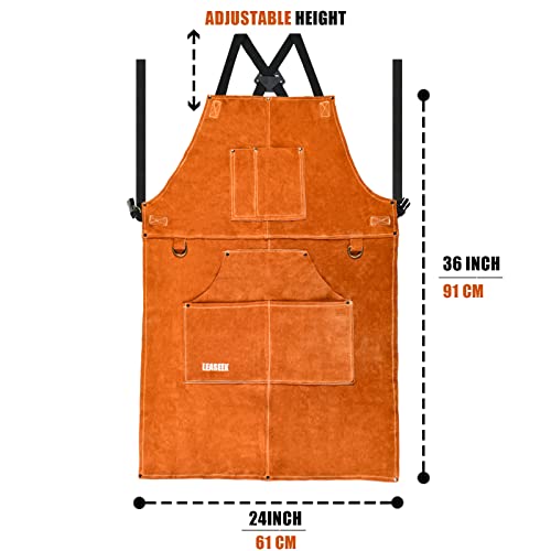 LeaSeek Leather Welding Apron - Flame and Heat Resistant Bib Apron with 6 Pockets