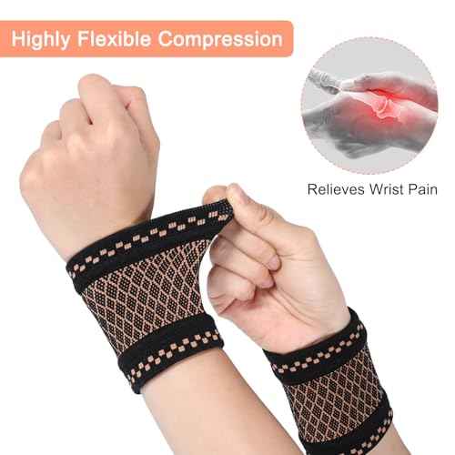 TIESOME 2 Pairs Copper Wrist Compression Brace, Wrist Brace Elastic Wrist Support Compression Sleeve for Weightlifting Fitness Yoga Workout Arthritis Sprains Tendonitis Carpal Tunnel Pain Relief (M)