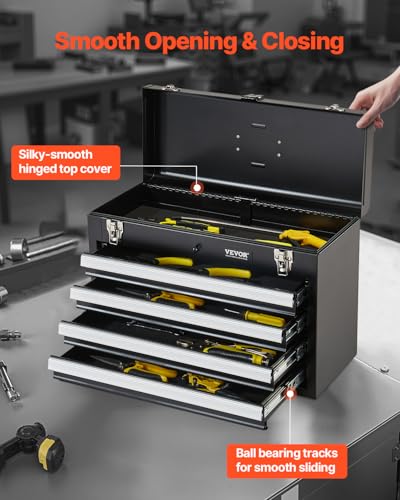 VEVOR 20.5-Inch Metal Tool Box with 4 Drawers, EVA Liners, Ball-Bearing Slides, Auto-Locking, Black