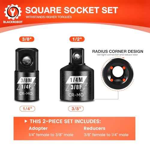 BLACKROBOT 2PCS Socket Adapter and Reducer Set, 3/8" to 1/4" & 1/4" to 3/8" Impact Socket Set, SAE Drive Cr-Mo Steel Exceeds ANSI Standards, Square Drive for Impact Driver Wrench