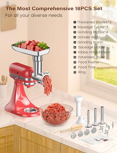 Upgraded Meat Grinder Attachment for KitchenAid 316 Stainless Steel, 18-Piece Set with 3 Sausage Stuffers