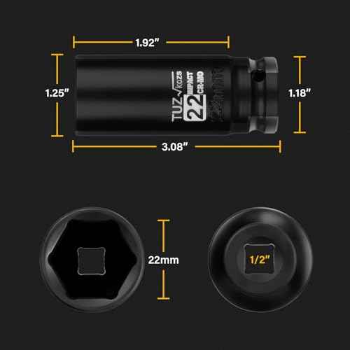 1/2 Inch Drive 22mm Deep Metric Impact Socket,CR-MO,6 Point Radius Corner Design,Square Chamfered Opening,Axle Nut Impact Grade Socket for Easy Removal
