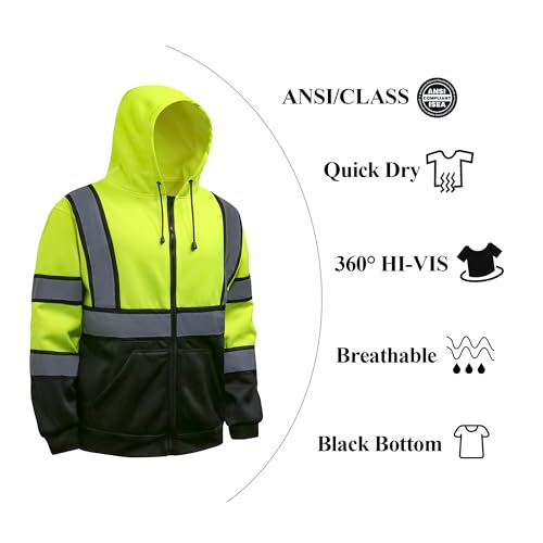 High Visibility Hoodie for Men Class 3 Hi Vis Safety Hoodies Reflective Construction Sweatshirt with Pockets
