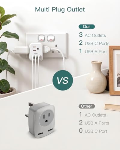 Addtam US to UK Travel Plug Adapter Type G with 3 Outlets, 2 USB-A & 1 USB-C