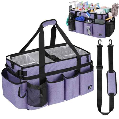 Extra large Cleaning Caddy Bag Built-in Sturdy Support Board, Cleaning Organizer with Detachable Divider, Cleaning Supply Tote with Adjustable Shoulder Strap (Purple, 19'' x 11'' x 11'')