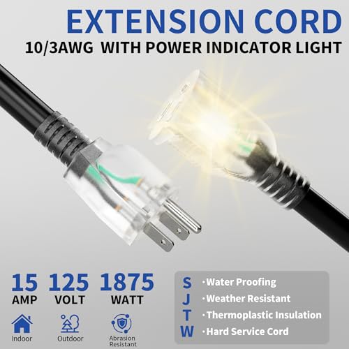 Black 100ft Heavy Duty Outdoor Indoor Extension Cord with Lighted Plug