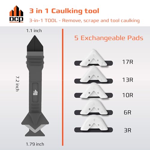 DCP Donseal 3 in 1 Caulking Tool Kit ? Silicone Caulking Tool for Removal, Scraping & Finishing ? Precise Caulk Remover & Applicator with 5 Tooling Pads ? Stainless Steel Caulk Scraper for Smooth Seal
