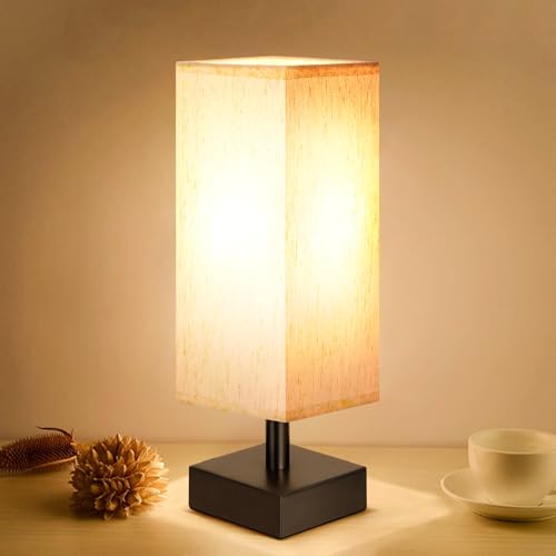 Aooshine Small Bedside Table Lamp with Cream Fabric Shade - Black Base, 12.8in, Modern Nightstand Lighting