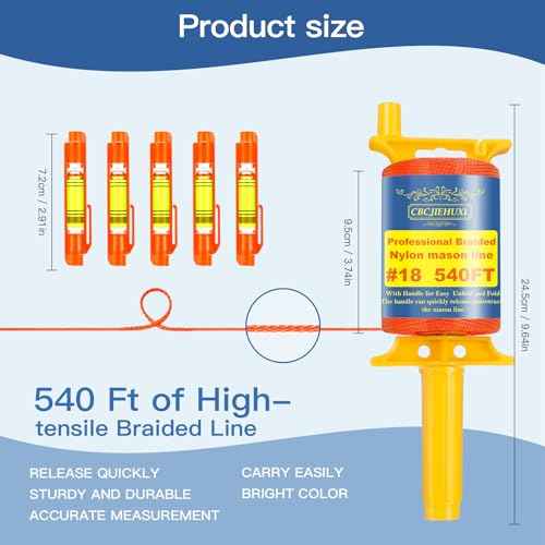 Mason Line with Handle #18, 540 Ft String, with 5 Built-in Levels and Spool Fluorescent String Line, Braided Nylon String for Gardening or Masonry Tools, Construction Twine for Outdoor Projects