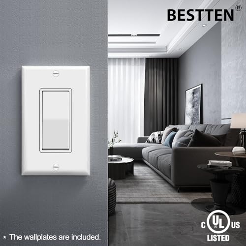 BESTTEN 10 Pack Single Pole Decorator Light Switch with Wallplate - White, 15A 120/277V, Rocker Paddle, On/Off UL Certified