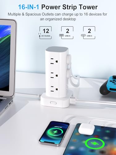 UWIWUTEI 6FT Power Strip Tower Surge Protector with 12 Outlets & 4 USB Ports - White, No Wireless Charging