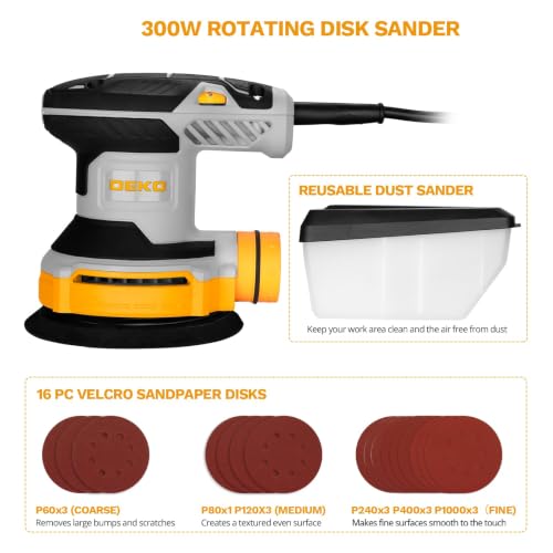 DEKOPRO 5-inch Yellow Random Orbital Sander with Dust Box, 6 Speeds, 16 Sandpapers for Woodworking & Metal Sanding