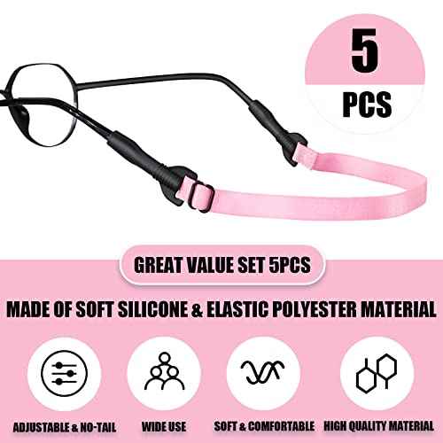 Glasses Strap,Adjustable Eyeglasses Strap 5PCS Anti-Slip Sunglasses Strap for Men Women, Eye Glasses Straps Kids Glasses Strap Sports (8.7-22inch, Black/Pink/Yellow/Purple/Red)