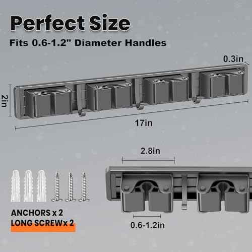 Broom Holder Wall Mount, Mop and Broom Hanger Wall Mount for Organizing and Storing Items in Household Kitchens, Gardens, Laundries (4 Racks & 3 Hooks, Grey)