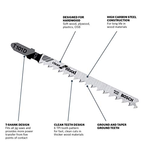 Bosch T101D 5-Piece 4 In. 6 TPI Clean for Wood T-Shank Jig Saw Blades