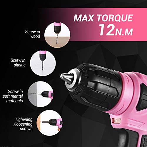 Pink DEKOPRO 8V Cordless Drill Set with 42 Accessories, Keyless Chuck & LED