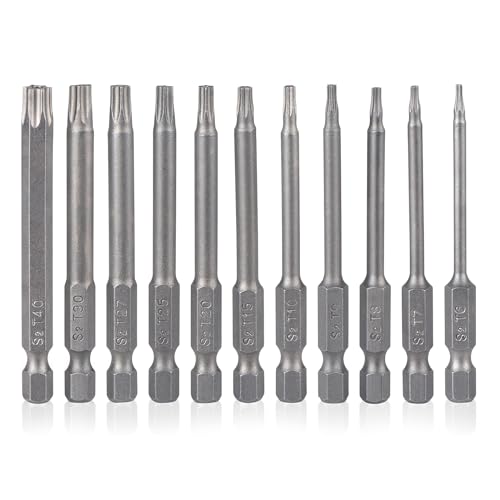 Security Torx Bit Set 11 Piece 3 Inch long Tamper Proof Star Bit Set S2 Steel 1/4" Hex Shank T6-T40 Magnetic Impact Driver Drill Bits
