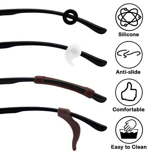 Benvo 12 Pairs Eyeglasses Retainers Silicone Glasses Temple Holders Anti-slip Protectors Comfort Eyewear Spectacle Stay Put Glasses Stoppers for Sport, Study(4 Variety Designs in Black, Clear, Brown)