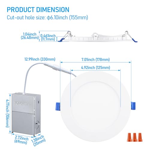 TORCHSTAR 6 Inch Daylight LED Recessed Light 12W CRI90 Dimmable Slim Ceiling Fixture