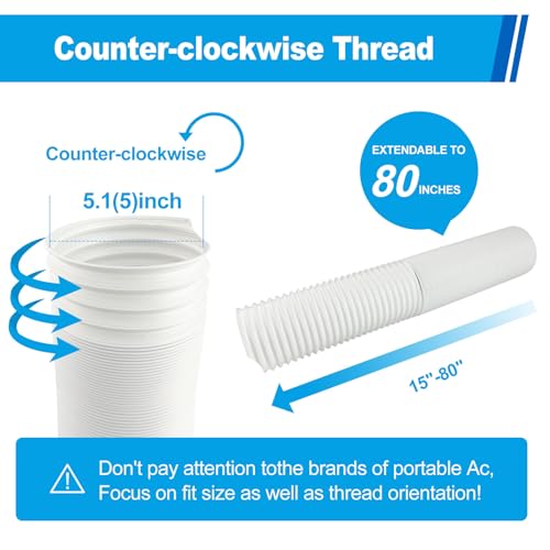 Qualward 5.1 Inch Anti-Clockwise Portable AC Exhaust Hose, 80-Inch Expandable Vent Tube