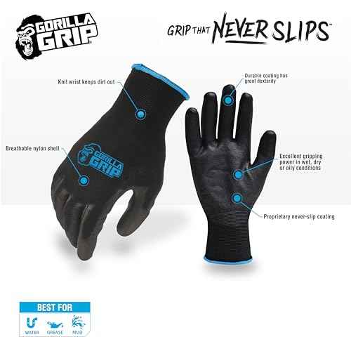 Gorilla Grip Work Gloves, Never Slip Maximum Grip All-Purpose, Gloves for Men, Superior in Wet, Dry, Oily Conditions, Polymer Palm, Large Size, 10 Pairs, Black/Blue | 25162-60