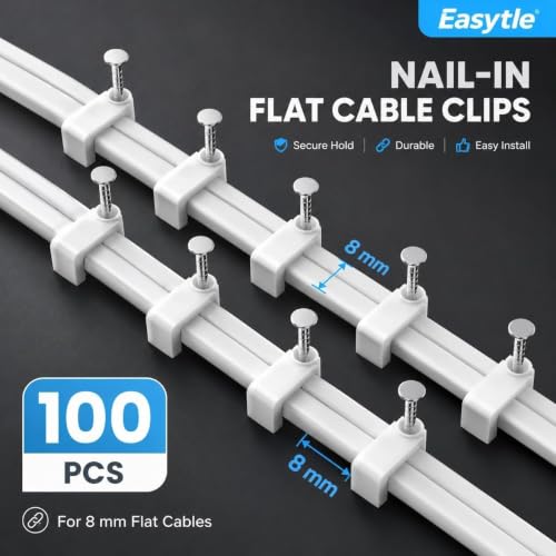 Easytle 100 Pcs Cable Clips Nail-In Flat Ethernet Cable Wall Tacks for Coax, Speaker & Power Cords