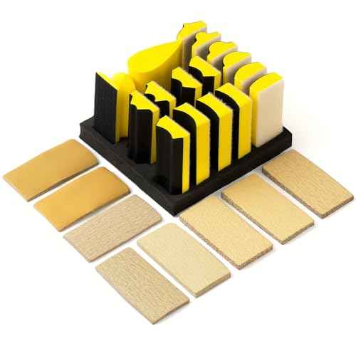 56 PCS Hand Sanding Block Set Include 16 PCS Contoured Profile Sander Block and 40 Sheet Sandpaper Interchangeable Assorted Convex & Concave Shapes Used for Woodworking Furniture, Auto Paint