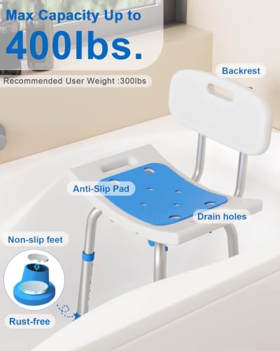 HOMLAND White Shower Chair with Removable Back, Aluminum Frame, 400LBS