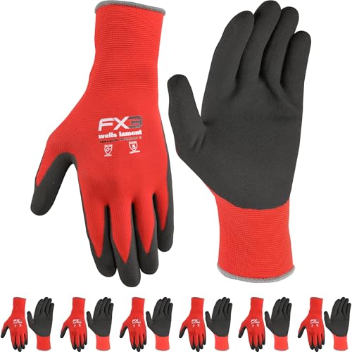 Wells Lamont 6-Pairs Men's FX3 Nitrile Gloves, Coated Grip Work Gloves, Red, Large (448LK-600)