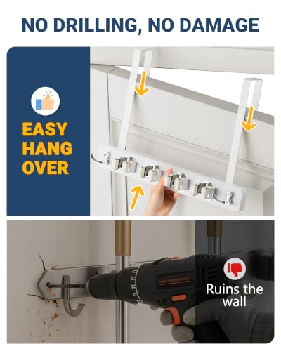Lorbro White Door Mount Broom and Mop Holder No Drill Over-the-Door Organizer