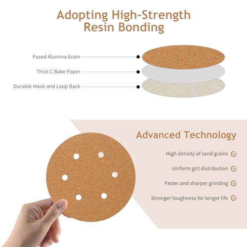 50 PCS 6 Inch Sanding Discs Hook and Loop 320 Grit, 6 Hole Sand Paper Disc for Random Orbital Sander, Gold Random Orbital Sandpaper Pads