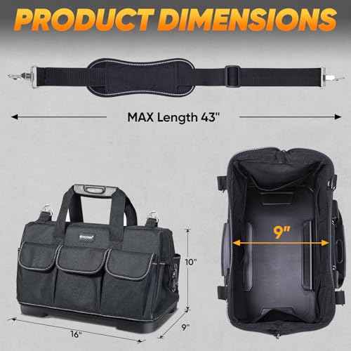 TICONN Heavy Duty Tool Bag with Multi-Pockets, Portable Tool Box Organizer Storage Bag, with Adjustable Shoulder Strap and Ergonomic Handle (Black, 16" Molded Base)