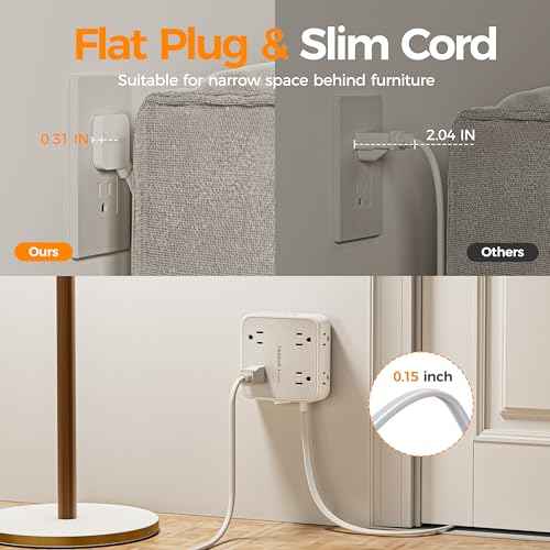 TESSAN Surge Protector Power Strip, 5 Ft Flat Plug Extension Cord with 3 USB (1 USB C) 8 Outlets, 1250W, 900J Protection, 3 Sided Outlet Extender with Power Switch for Office, Dorm Room Essentials