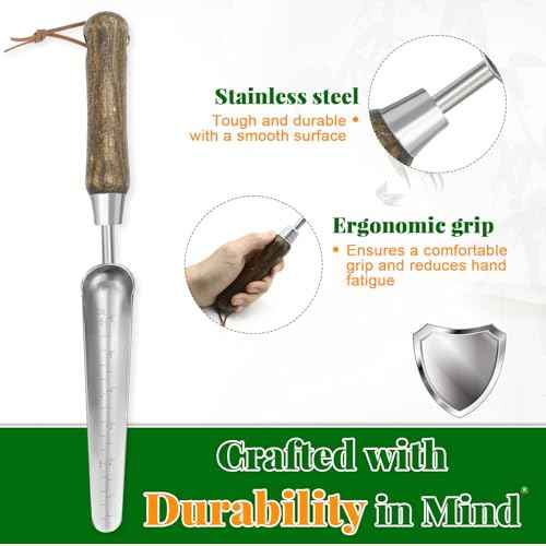 Narrow Stainless Steel Garden Trowel with Wood Handle - Heavy Duty Hand Shovel for Precise Planting, Weeding, Digging & Transplanting - Ergonomic Gardening Tool with Depth Markings