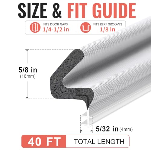 Litaibai 40 ft White Kerf Weather Stripping Door Seal for Exterior Doors, Press-In Fit