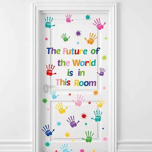 Colorful Inspirational Door Decal - The Future of The World is in This Room Window Door Clings Stickers Handprint Motivational Sticker Positive Saying Wall Decals for Classroom Nursery Bedroom Decors