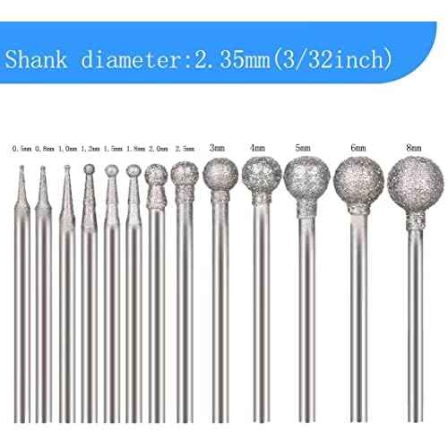 Luo ke 13 Pcs Ball Shape Diamond Burr - 3/32'' Shank Diamond Ball Burs Stone Carving Bits for Dremel Rotary Tool