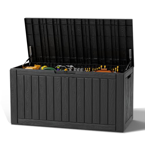 NBYSGO Striped Black Waterproof 120 Gallon Resin Deck Storage Box with Seat