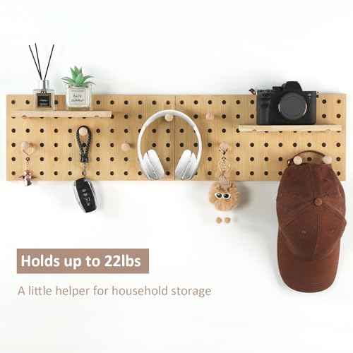 Beige Wood Pegboard Modular Display Wooden Pegboard Combination Wall Organizer Storage Wall Hooks Shelf for Home, Office, Bathroom, Comes with 2 Pieces Pegboards