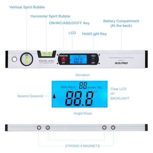 RISEPRO 16-Inch Digital Spirit Level with Protractor, Magnetic Backlight - Silver