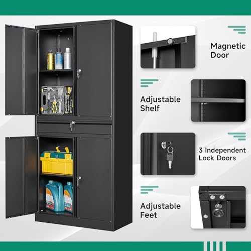 Letaya Metal Garage Storage Cabinet with Locking Drawers, 2 Adjustable Shelves, 16 x 32 x 71 in, Black