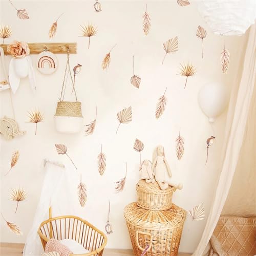 6 Sheets 60 Pcs Wheat Ear of Wheat Peacock Feathers Wall Stickers, sacinora Yellowish Maple Leaf DIY Natural Wall Decals Removable Vinyl Peel and Stick for Living Room Bedroom Art Home Decor