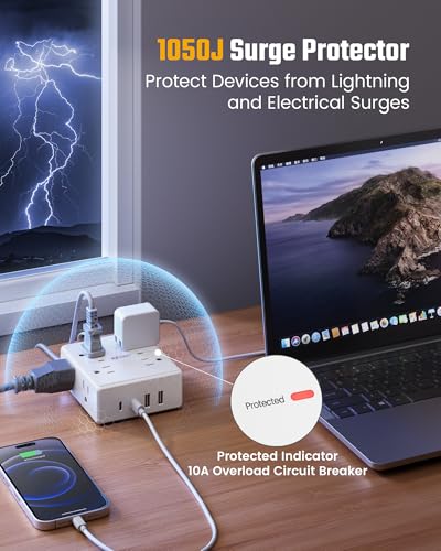 SUPERDANNY White 10FT Flat Plug Surge Protector Power Strip with USB-C & USB-A, 12 Outlets, Wall Mountable