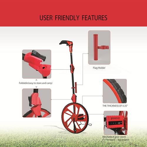 JIZHGRAD Distance Measuring Wheel with 12.5” Wheel, Red Mechanical, 9999.9 Ft, Flags & Carry Bag