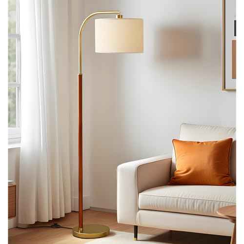 66¡± Walnut Gold Floor Lamp for Living Room, 1200 Lumens 3-Level Brightness Arc Floor Lamp for Bedroom, Wood Vintage Mid Century Modern Standing Lamp, Adjustable Lampshade, LED Bulb Included