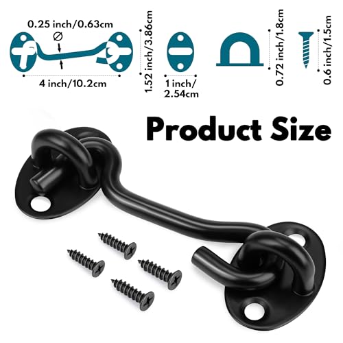 Rainspire 4-Inch Black Hook and Eye Gate Latch with Strong Screws - 2 Pack