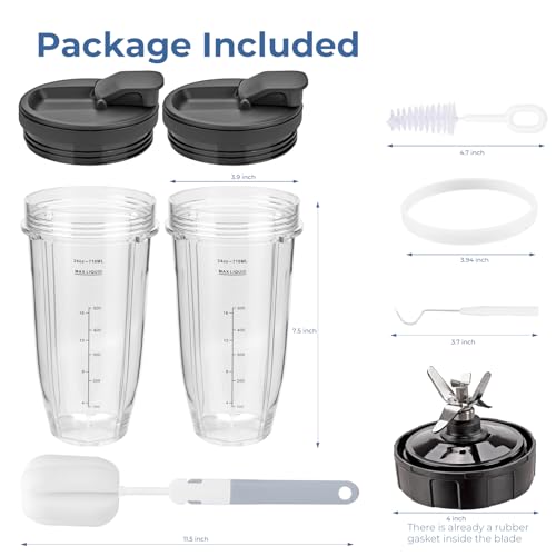 Ninja Blender Replacement Blade 7-Fin, 24oz Cups & Sip & Seal Lids - 2 Pack (BN401 BN751 BN801 BL480-30 etc.)